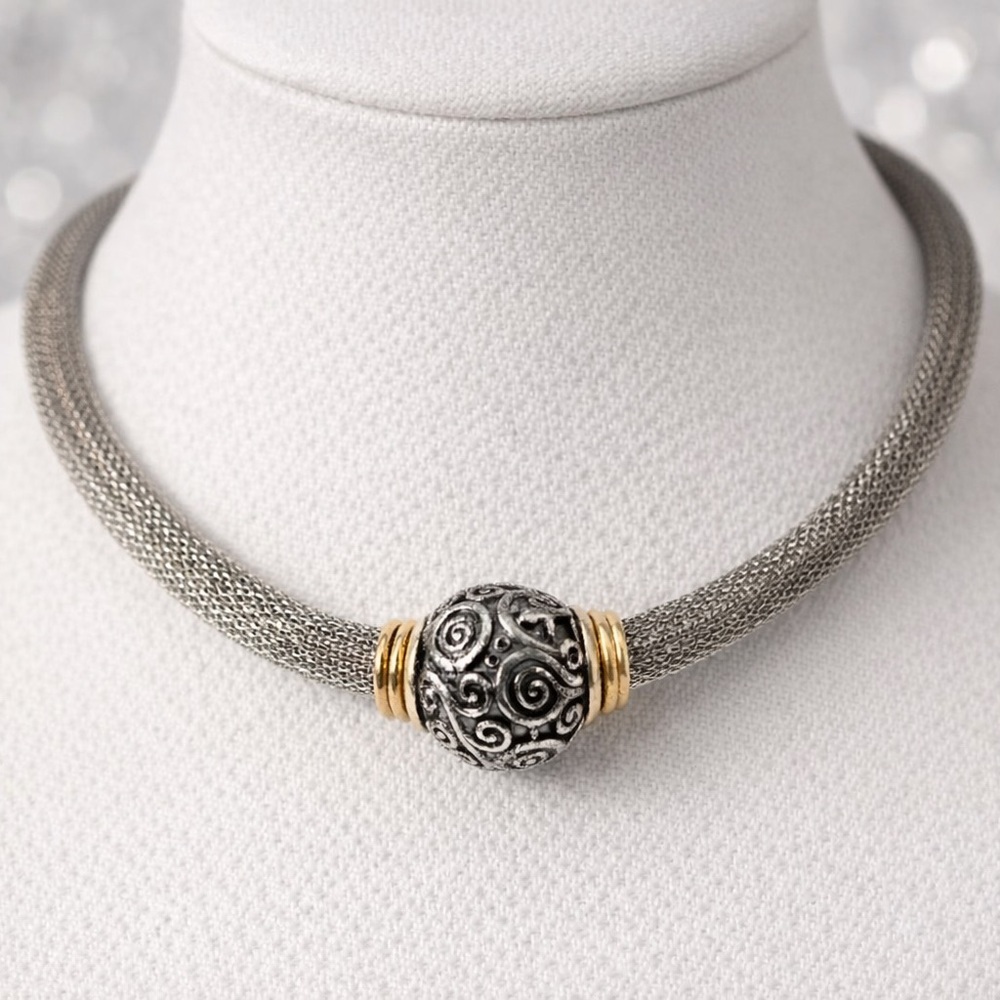 Silver Tone Mesh Collar Necklace Filigree Orb Bead Gold Accent Statement Jewelry